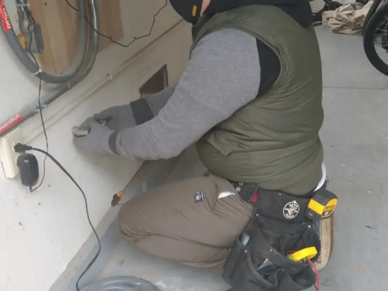 Electrician performing outlet wiring in a Duluth garage
